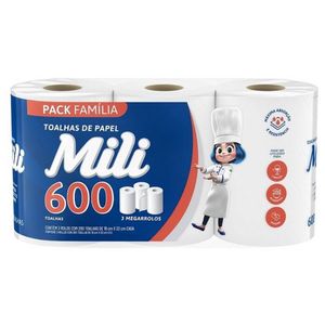 Kit 4 Toalhas De Papel Mili 600 Folhas 3 Rolos